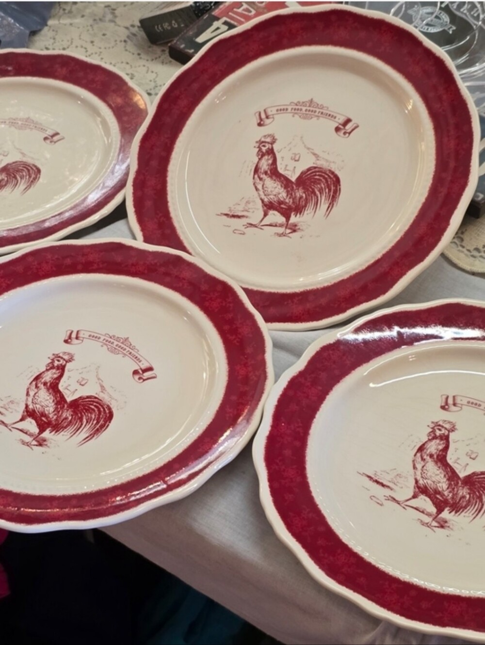 Country Living Red Transferware Rooster Salad Plates Set Of 2